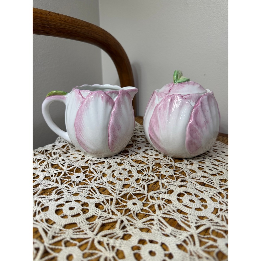 Vintage 1992 Bombay Company Pink Tulip Creamer Sugar Bowl Set Figural Ceramic